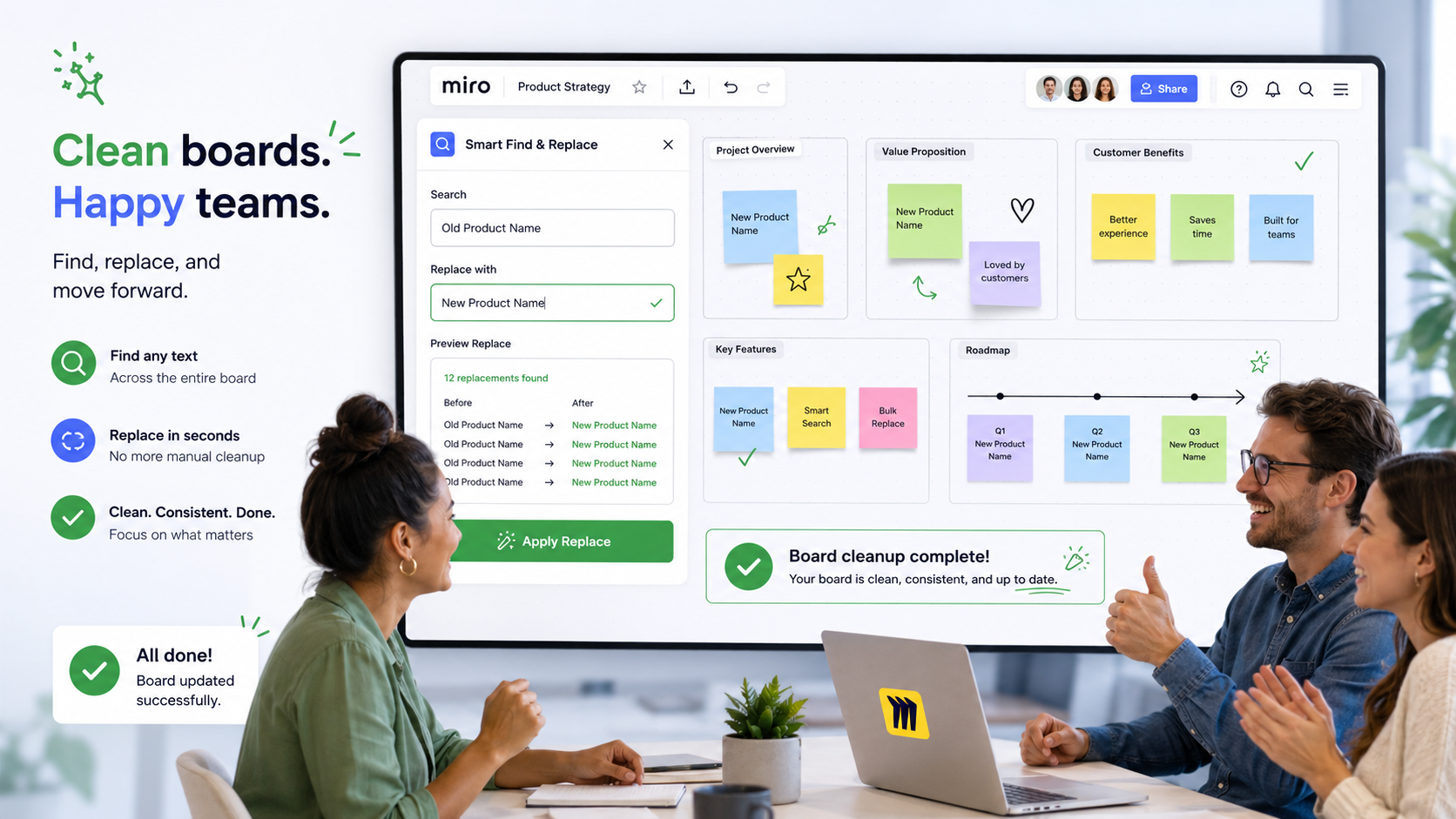 Smart Find & Replace shown on a Miro board while a team celebrates a clean updated board